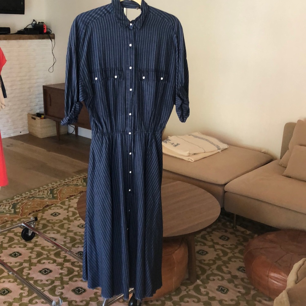 Pretty striped denim midi length dress.
